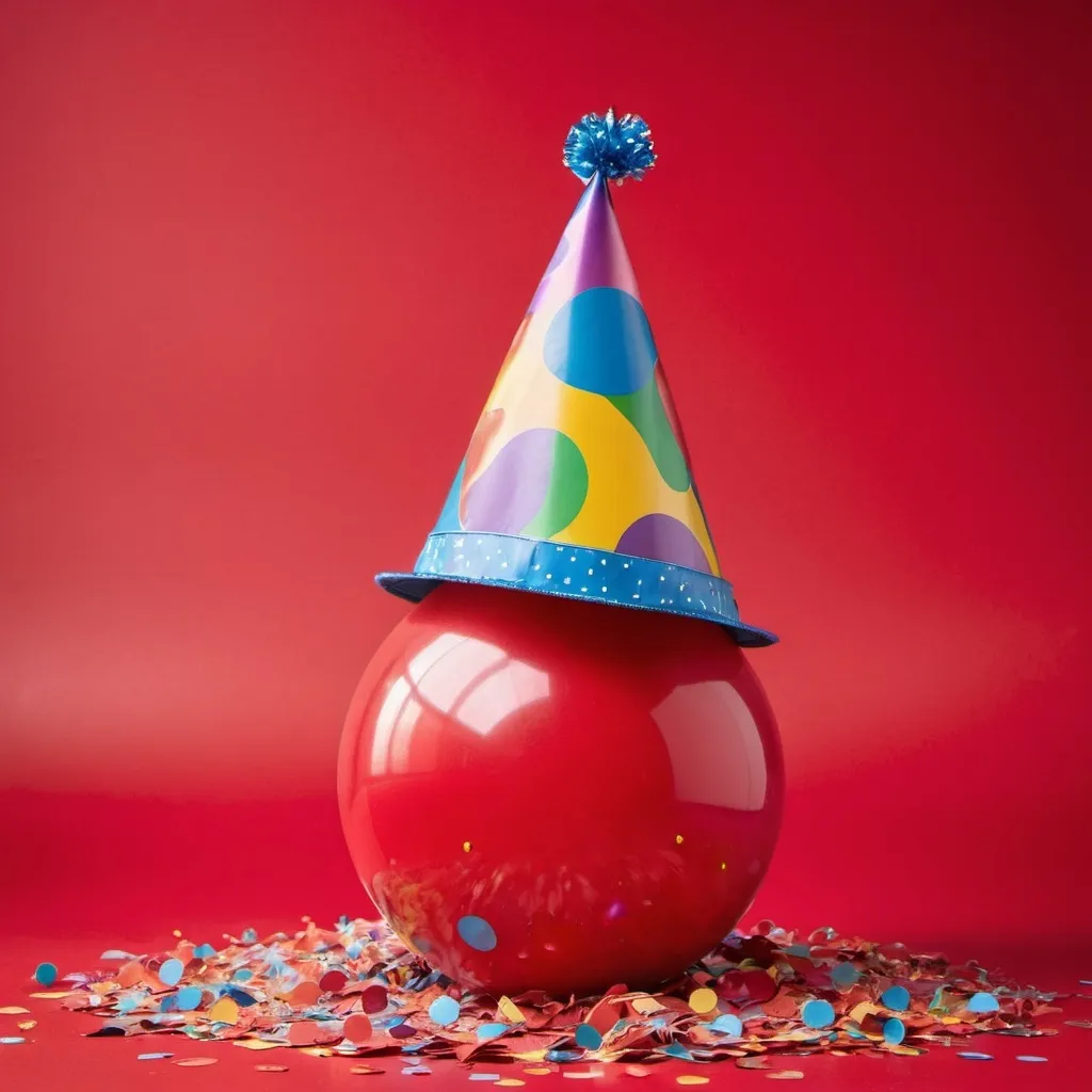 Prompt: large solid red ball with a colorful birthday hat positioned on the left side on a solid red seamless background in under studio lighting with confetti on the floor
