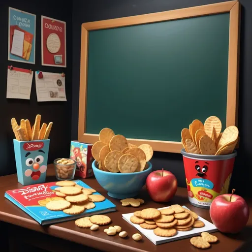 Prompt: (2D illustration), snack assortment, potato chips, crackers, cookies, peanuts, (teacher's desk), red apple, (black chalkboard), cozy classroom environment, warm lighting, light textures enhancing the colorful snacks, cheerful atmosphere, inviting details, (highly detailed), engaging composition, playful arrangement, appealing to both children and adults. bright colored illustration in the style of Disney animation
