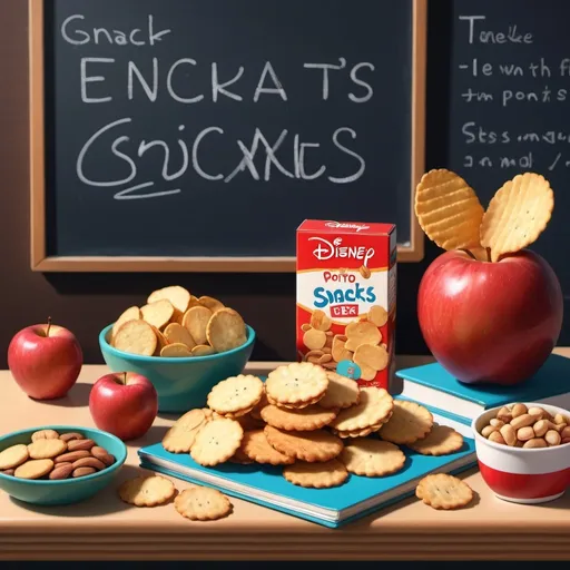 Prompt: (2D illustration), snack assortment, potato chips, crackers, cookies, peanuts, (teacher's desk), red apple, (black chalkboard), cozy classroom environment, warm lighting, light textures enhancing the colorful snacks, cheerful atmosphere, inviting details, (highly detailed), engaging composition, playful arrangement, appealing to both children and adults. bright colored illustration in the style of Disney animation
