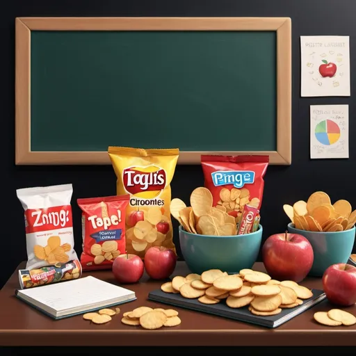 Prompt: (2D illustration), snack assortment of packages of potato chips, crackers, cookies, peanuts, (teacher's desk), red apple, (black chalkboard), cozy classroom environment, warm lighting, light textures enhancing the colorful snacks, cheerful atmosphere, inviting details, (highly detailed), engaging composition, playful arrangement, appealing to both children and adults. 
