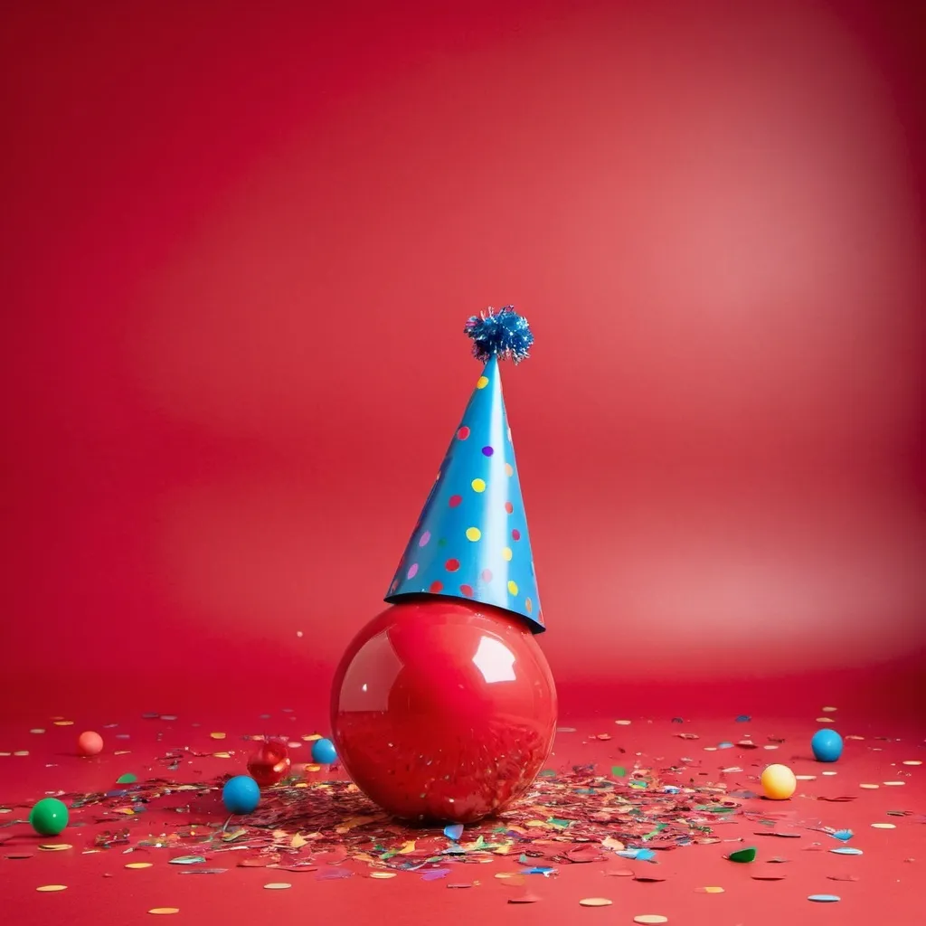 Prompt: large solid red ball with a colorful birthday hat positioned on the left side on a solid red seamless background in under studio lighting with confetti on the floor
