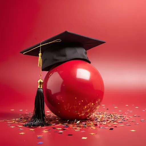 Prompt: large solid red ball with a black graduation cap and gold tassle on a solid red seamless background in under studio lighting with confetti on the floor
