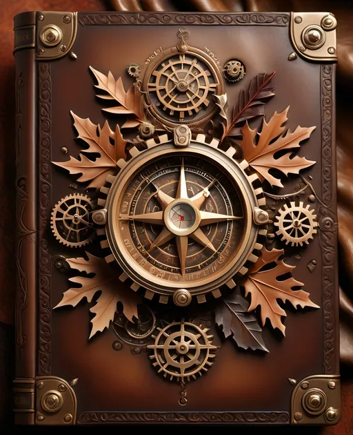 Prompt: photorealistic flat art, (detailed leather book cover), steampunk details with a few gears, embossed textures, (ornate borders), north pole relics, reindeer motifs, holly leaves, (old world compass centerpiece), rich brown tones, soft lighting for depth, minimalist background, nostalgic ambiance, ultra-detailed craftsmanship, inviting warmth, evocative of exploration and adventure.