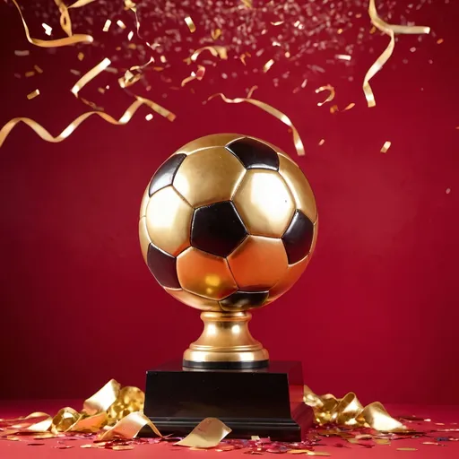 Prompt: large gold soccer ball trophy on a solid red seamless background in under studio lighting with confetti on the floor
