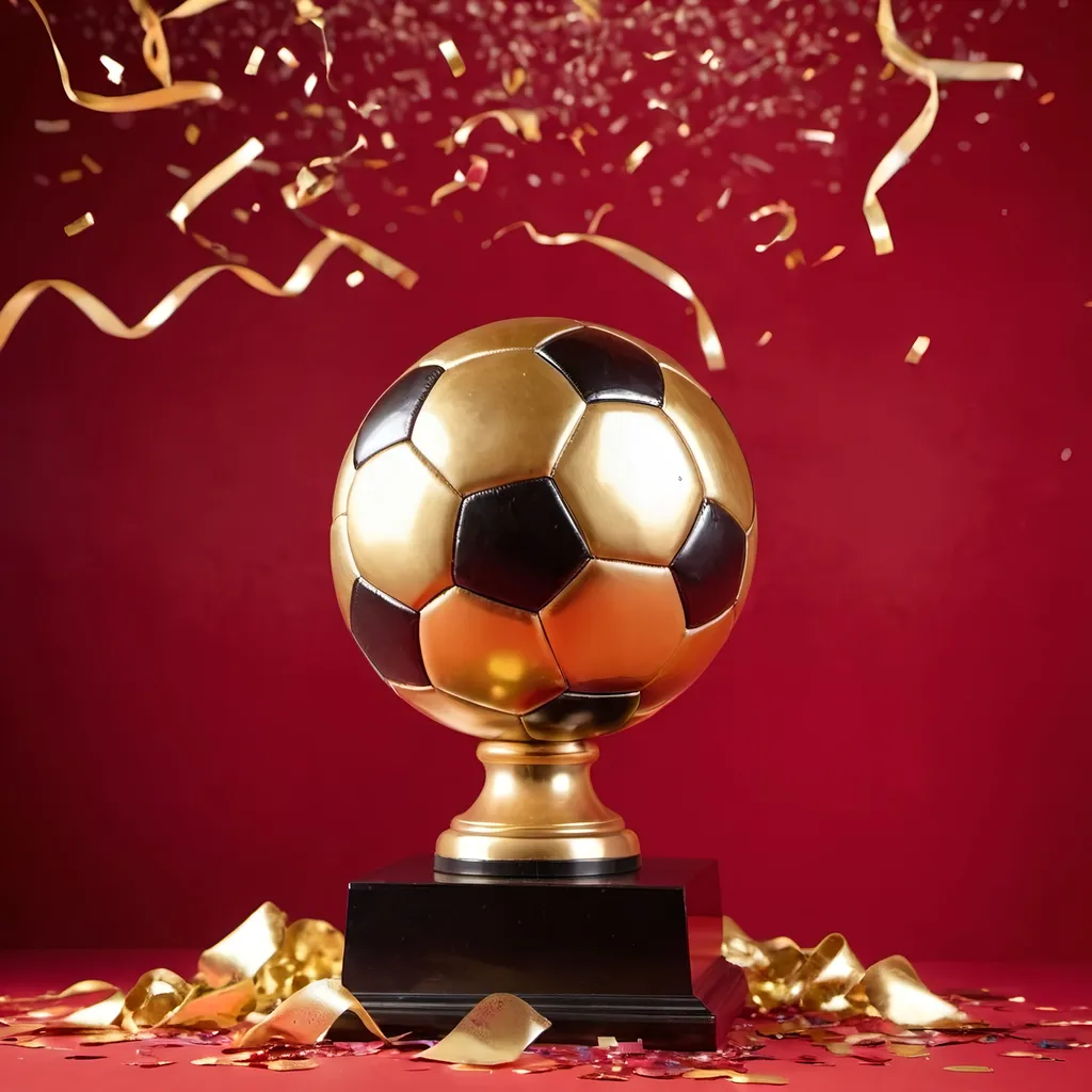 Prompt: large gold soccer ball trophy on a solid red seamless background in under studio lighting with confetti on the floor
