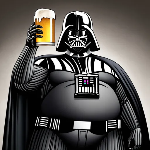 Prompt: Darth Vader holding a beer and overweight