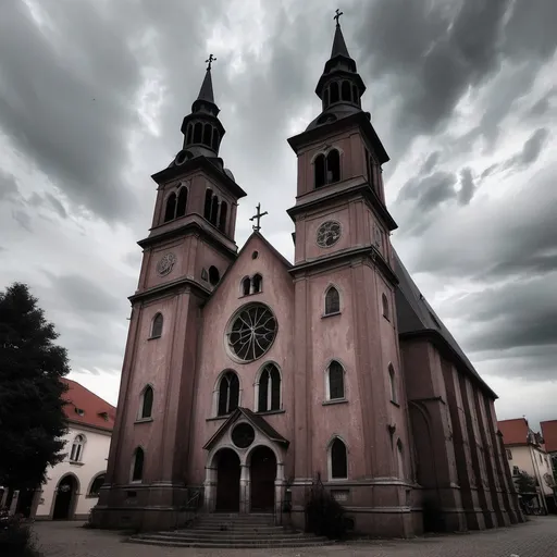 Prompt: creepy haunted church that was very beautiful in the past  European town square