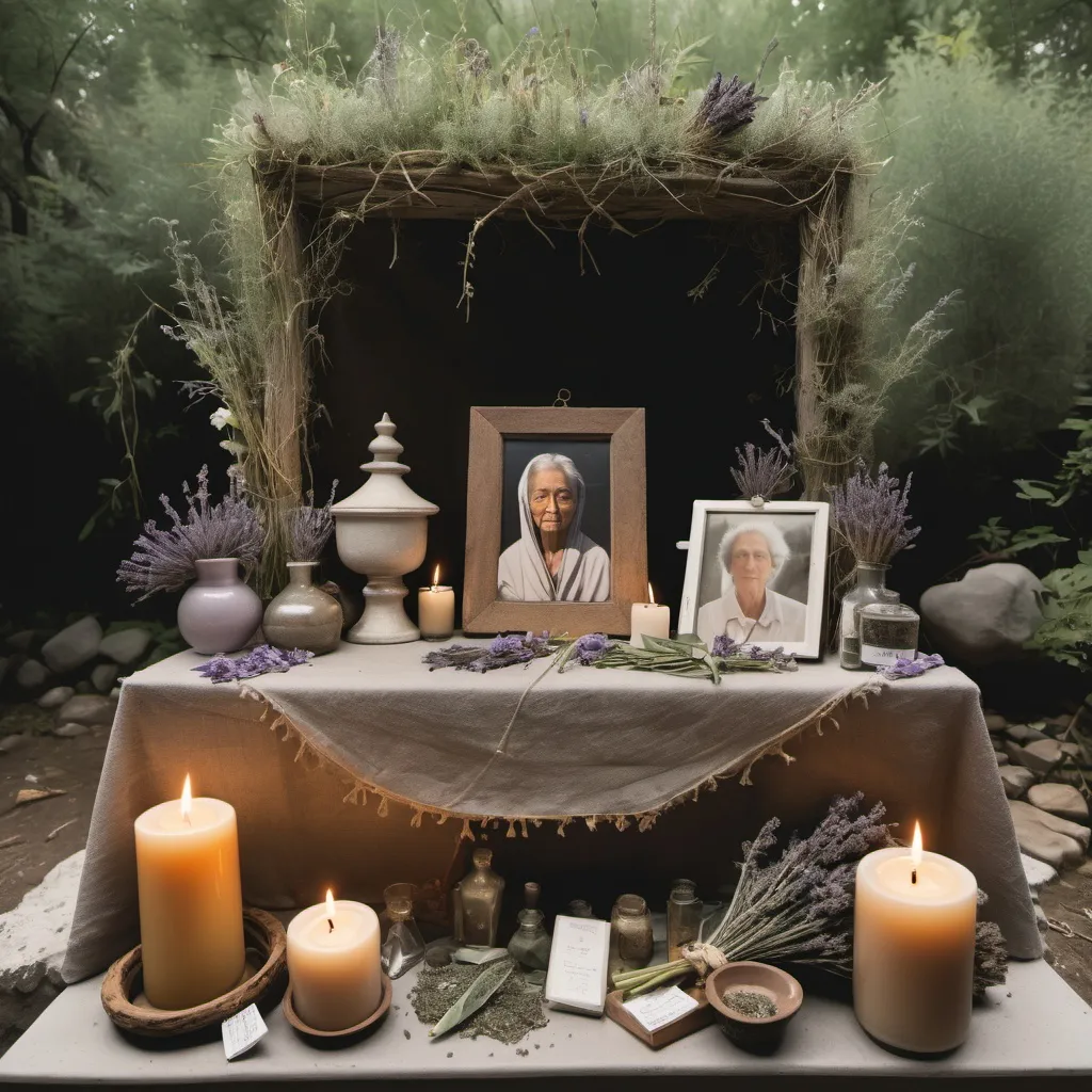 Prompt: A small altar sits at the center, displaying a faded portrait of Riva’s mother and grandmother, along with offerings of flowers and herbs left by locals seeking guidance. The air is heavy with the scent of dried lavender and sage, mixed with the earthy aroma of roots and bark.