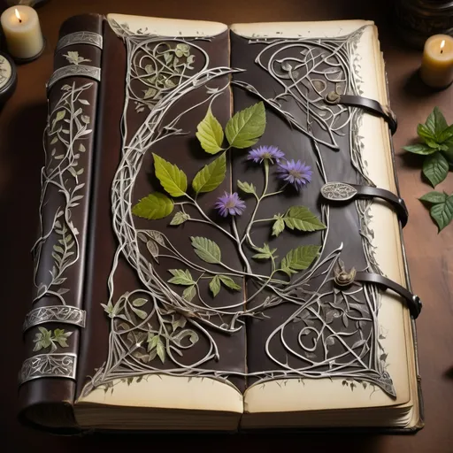 Prompt: The tome is bound in cracked, dark leather, adorned with intricate silver filigree patterns resembling vines and leaves. The pages are yellowed and fragile, filled with handwritten notes, drawings of plants, and pressed flowers. Each section is carefully labeled, detailing various potions and herbal remedies passed down through Riva's family for generations.