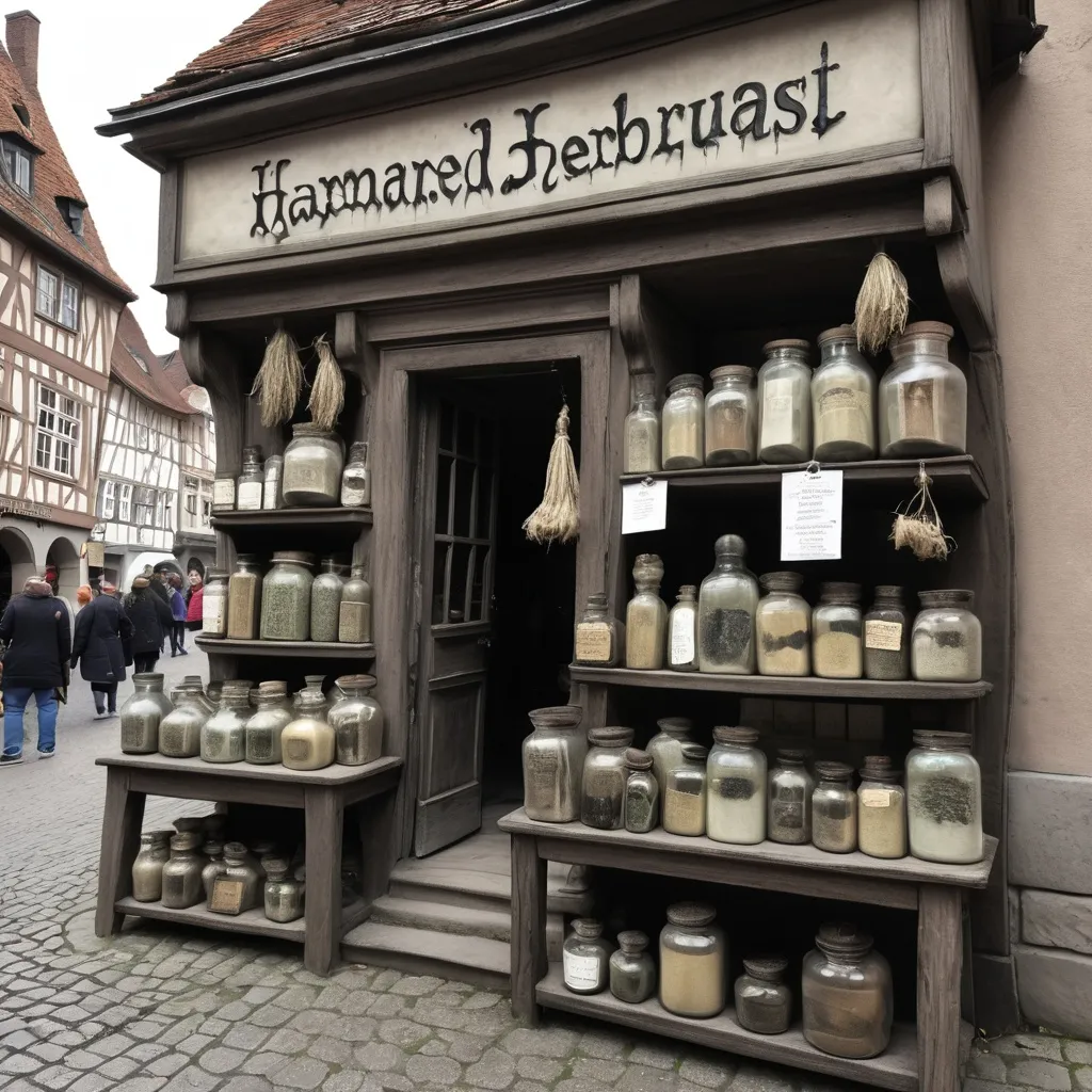 Prompt: creepy haunted herbalist shop  that was very clearly busy in the past  European town square