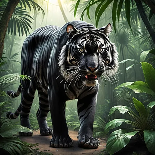 Prompt: A black tiger in a tropical forest