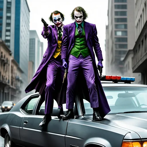 Prompt: Joker with a gun with Batman going to kill him standing on a car in a city 
