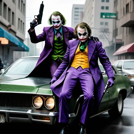 Prompt: Joker with a gun with Batman going to kill him standing on a car in a city 
