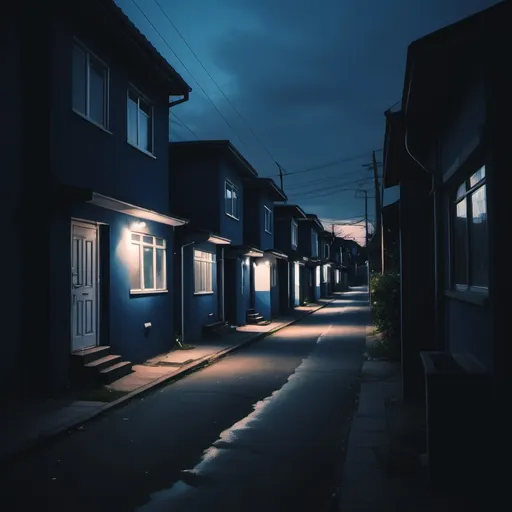 Prompt: Suburb in a city with melancoly and nostalgic, in a tone dark blue but a little, in the same image the melancoly and nostalgic is with good vibes and i love you play with shadow and light in the image but subtle