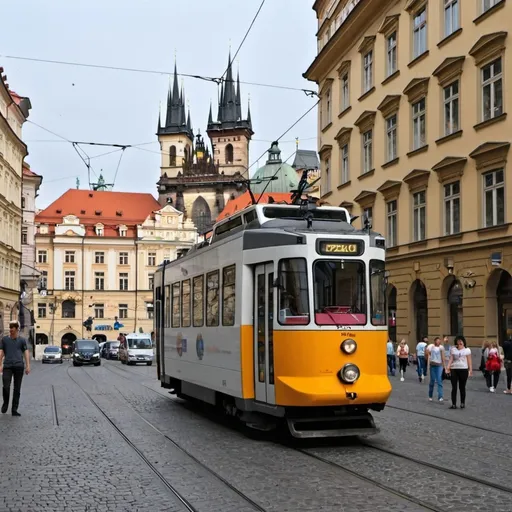 Prompt: A Tram in the City Center of Prag next to the Moldau