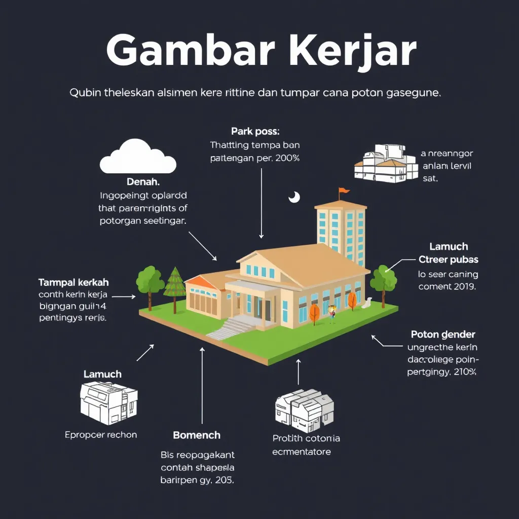 Prompt: Gambar atau infografis yang menjelaskan elemen-elemen utama dari gambar kerja, seperti denah, tampak, dan potongan bangunan. Bisa juga menampilkan contoh gambar kerja dengan highlight poin-poin pentingnya.