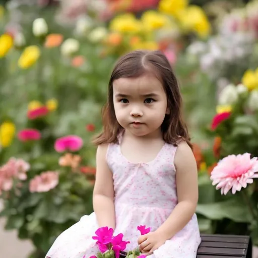 Prompt: A small girl sitting on the flower bench with flower bunch