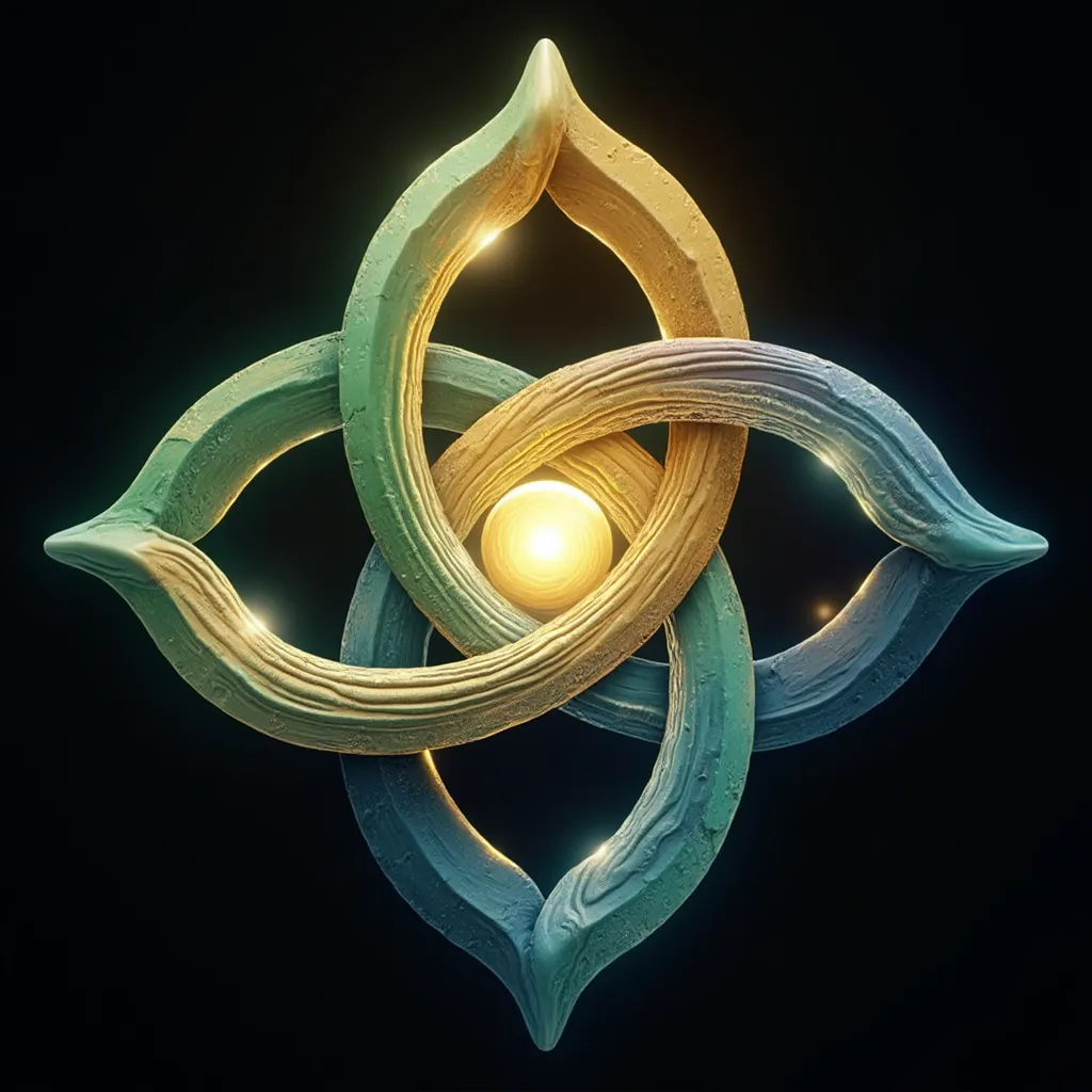 Prompt: Design an emblem with three interconnected sides representing love, light, and logic in shades of green, yellow, and blue. In the center, place an orb symbolizing unity, with metallic lines weaving through the design