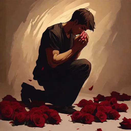 Prompt: Side view of a man kneeling, holding pieces of roses, emotional expression, traditional art style, warm tones, dramatic lighting, detailed hands, high quality, traditional, emotional, warm tones, dramatic lighting, detailed hands, roses