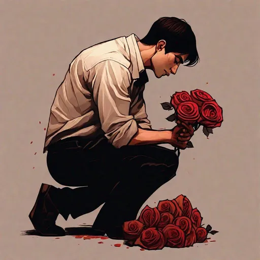 Prompt: Side view of a man kneeling, holding pieces of roses, emotional expression, traditional art style, warm tones, dramatic lighting, detailed hands, high quality, traditional, emotional, warm tones, dramatic lighting, detailed hands, roses