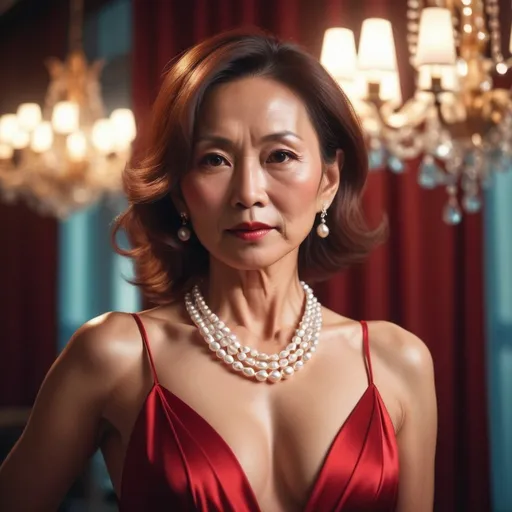 Prompt: stunningly beautiful mature Asian woman dressed in red evening gown, pearls necklace , brown hair, posing like a professional model, tanned skin, toned muscular body, late evening, stunningly beautiful, feminine form, suntanned, stunningly rapturously gorgeous, immensely attractive, extremely appealing, flirty and playful, film photography, analog photography, film grain, extreme detail, 4k, ultra hd, Anna Dittmann, hyperrealism, trending on artstation, polished, beautiful, radiant, synesthesia, vibrant, photorealistic, backlight, hair light, 8k ultra hd, unreal engine 5