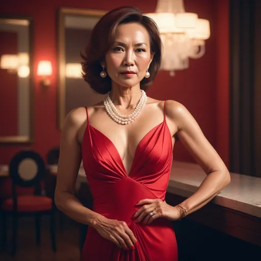 Prompt: stunningly beautiful mature Asian woman dressed in red evening gown, pearls necklace , brown hair, posing like a professional model, tanned skin, toned muscular body, late evening, stunningly beautiful, feminine form, suntanned, stunningly rapturously gorgeous, immensely attractive, extremely appealing, flirty and playful, film photography, analog photography, film grain, extreme detail, 4k, ultra hd, Anna Dittmann, hyperrealism, trending on artstation, polished, beautiful, radiant, synesthesia, vibrant, photorealistic, backlight, hair light, 8k ultra hd, unreal engine 5