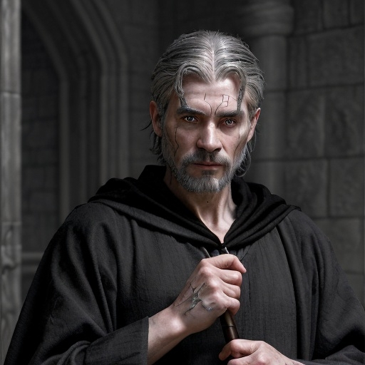 Prompt: A fantasy realm man in his mid forties with lots of scars wearing gray/black robes. He carries a staff and has piercing eyes and Long unkempt white/gray hair. He is clean shaven.