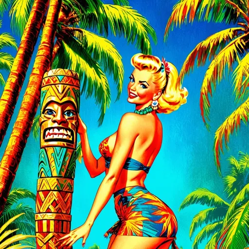 Prompt: A blonde, blue eyed tiki dancer in the style of Jack Kirby and Wally Wood, 1940s vintage comic, faded colors