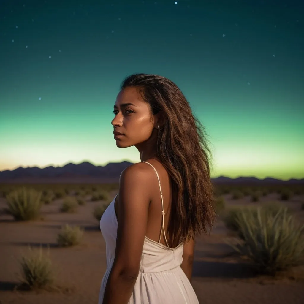 Prompt: far in the distance a beautiful mid age brown skin girl with long hair fade in the distance,  in the dessert backround at night, green sky