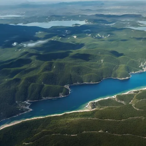 Prompt: Aerial view of expansive, pixelated landscape, forest on the left, mountains on the right, coastal line to the south, elevated terrain to the north, high pixel quality, digital art, natural color tones, detailed terrain, scenic coastline, top-down perspective, forested area, mountainous region, coastal land, high quality pixels, professional, natural lighting