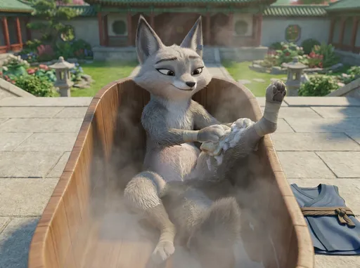 Prompt: kung fu panda style, Dream works Animation, high quality, kung fu panda 4, 3D Render, Furry Anthro Zhen, Grey Corsac Fox, Zhen is Enjoying A Nice Outdoor Bath Right Outside Her Bedroom at the Jade Palace, Camera view from Above Directly In Front Of Zhen, Zhen Is Sitting In A Large Bath Tub With Her Right Leg Lifted Up, Looking Down At Zhen, Zhen Has A Small, Warm Smile On Her Face, She's Using A Soapy Wash Cloth And Washing Her Left Leg With Both Her Forepaws, You Can See Zhen's Belly, The Bathroom Is A Bit Steamy Too, Zhen's Fur Is Also Damp, Zhen's Feet Are Taped Still As Well, Her Clothes Are Laying Next To The Bathtub
