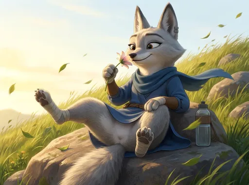 Prompt: kung fu panda style, Dream works Animation, high quality, kung fu panda 4, Illustration, Furry Anthro Zhen, Grey Corsac Fox, Zhen Is Sitting On A Rock On A Hill Surrounded By Grass , Zhen's Legs Are Spread Apart With Her Left Leg Lifted Up And Left Knee Bent Upward As She's just enjoying herself, Zhen has a water bottle sitting next to her, And Zhen Is Holding A Flower With Her Right Forepaw Smelling The flower While Her Left Forepaw is Just Resting On Her Left Knee, Wind in very gusty as the wind is blowing Zhen's Outfit Around A Little, Directly In Front Of Zhen, Up Close View, Zhen Has No Pants On, It's A Sunny Afternoon, Zhen Has A Soft Warm Smile On Her Face, Both Feet And Forepaws Are Still Wrapped Up, You Can See A Little Bit Of Zhen's Lower Belly Too,