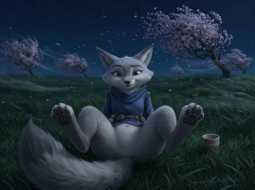 Prompt: kung fu panda style, Dream works Animation, high quality, kung fu panda 4, Furry Anthro Zhen, Grey Corsac Fox, Zhen is Laying Back On The Grass Outside Under The Night Stars In An Open Field, Her Legs Spread Apart And Bent Upwards, Camera view from Directly Above Zhen, Ground View In Front Of Her Legs, Her Legs Bent Upwards Too, Zhen has A Drink next to her, Zhen Has A Small, Warm Smile On Her Face, No Pants , You Can See Zhen's Belly Too, the Wind is Very Windy Too, Flower Trees Are Blowing In The Wind Too!