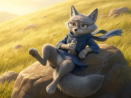 Prompt: kung fu panda style, Dream works Animation, high quality, kung fu panda 4, Traditional, Furry Anthro Zhen, Grey Corsac Fox, Zhen Is Sitting Back On A Rock On A Hill Surrounded By Grass, Zhen's Left Leg Is Up In The Air And The Left Knee Is Bent Downward Though as Her Left Foot Is Flat On The Surface, Zhen is Holding Her water bottle With Her Right Forepaw While She Also Has Her Left Forepaw On The Rock Holding Herself Up, Wind in very gusty as the wind is blowing Zhen's Outfit Around A Little, Directly In Front Of Zhen, Up Close View, Zhen Has No Pants On, It's A Sunny Afternoon, Zhen Zhen Is Lost In Deep Though And Has A Look Of Discouragement On Her Face, Both Feet And Forepaws Are Still Wrapped Up In Linen, You Can See Zhen's Under Belly Too, Zhen Has Some Rectangle Reading Glasses On Too