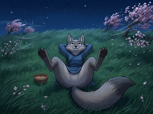 Prompt: kung fu panda style, Dream works Animation, high quality, kung fu panda 4, Furry Anthro Zhen, Grey Corsac Fox, Zhen is Laying Back On The Grass Outside Under The Night Stars In An Open Field, Her Legs Spread Apart And Bent Upwards, Camera view from Directly Above Zhen, Ground View In In Betweenf Her Legs, Her Legs Bent Upwards Too, Zhen has A Drink next to her, Zhen Has A Small, Warm Smile On Her Face and Looking Up At The Stars, No Pants , You Can See Zhen's Belly Too, the Wind is Very Windy Too, Flower Trees Are Blowing In The Wind Too!