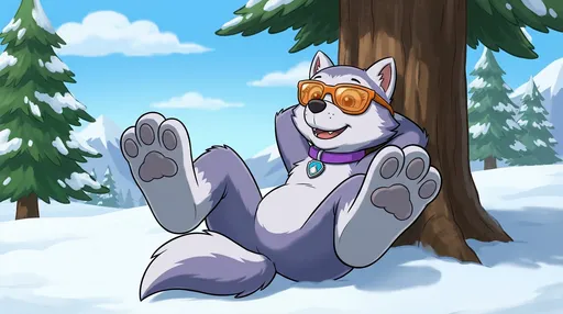 Prompt: paw patrol style, Everest Laying back against a tree,  her back legs spread apart, Camera view from In Front Of Everest, Everest Sunbathing, Everest has no vest on, Everest Wearing Sun glasses, Everest Lifting Her Hind Feet Up In The Air