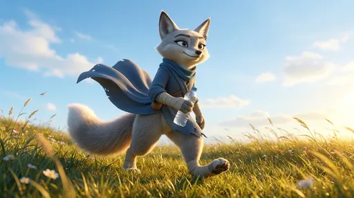Prompt: kung fu panda style, Dream works Animation, high quality, kung fu panda 4, 3D Render, Furry Anthro Zhen, Grey Corsac Fox, Zhen Is Taking A Stroll, Zhen has a water bottle in her forepaw, Zhen also has a small relaxed smile on her face, Her Feet and forepaws are both taped as well, Zhen Has No Pants On, It's Day Time Afternoon Sunny, Up Close View, Ground View Looking Up At Zhen, It's Windy And The Wind Is Blowing Zhen's Outfit Up In The Air