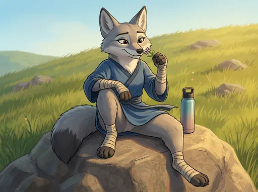 Prompt: kung fu panda style, Dream works Animation, high quality, kung fu panda 4, Illustration, Furry Anthro Zhen, Grey Corsac Fox, Zhen Is Sitting On A Rock On A Hill Surrounded By Grass , Zhen's Legs Are Spread Apart With Her Left Leg Lifted Up And Left Knee Bent Downward With Her Left Foot On The Ground, Zhen Is just enjoying herself, Zhen has a water bottle sitting next to her, And Zhen Is Holding A Flower With Her Right Forepaw Smelling The flower While Her Left Forepaw is Just Resting On Her Left Knee, Wind in very gusty as the wind is blowing Zhen's Outfit Around A Little, Directly In Front Of Zhen, Up Close View, Zhen Has No Pants On, It's A Sunny Afternoon, Zhen Has A Soft Warm Smile On Her Face, Both Feet And Forepaws Are Still Wrapped Up, You Can See A Little Bit Of Zhen's Lower Belly Too,
