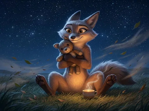 Prompt: kung fu panda style, Dream works Animation, high quality, kung fu panda 4, Furry Anthro Zhen, Corsac Fox, Zhen is Sitting Down On The Grass  Outside Under The Night Stars In An Open Field, Her Legs Spread Apart, Camera view from Directly In Front Of Zhen, Ground View In Front Of Her Legs, She Has Her Stuffed Animal Next To Her Too,  Her Legs Bent Upwards Too, She is hugging her stuffed animal, Zhen has A Drink next to her, Zhen Has A Small, Warm Smile On Her Face, No Pants , You Can See Zhen's Belly Too, the Wind is Very Windy Too