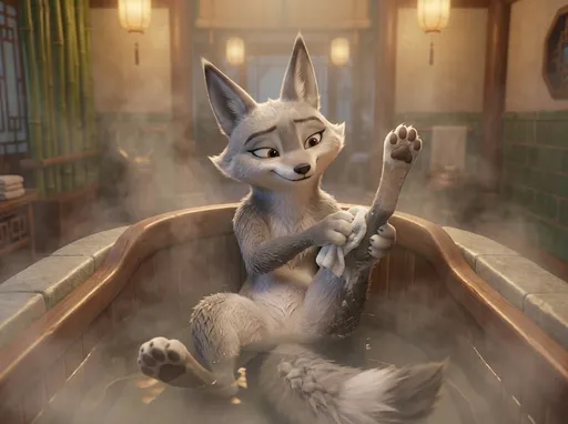 Prompt: kung fu panda style, Dream works Animation, high quality, kung fu panda 4, Furry Anthro Zhen, Grey Corsac Fox, Zhen is Taking An Shower In Her Bathroom At The Jade Palace, Camera view from Above Directly In Front Of Zhen, Zhen Is Sitting In A Large Bath Tub With Her Right Leg Lifted Up, Looking Down At Zhen, Zhen Has A Small, Warm Smile On Her Face, She's Using A Wash Cloth And Washing Her Left Leg With Both Her Forepaws, You Can See Zhen's Belly, The Bathroom Is A Bit Steamy Too