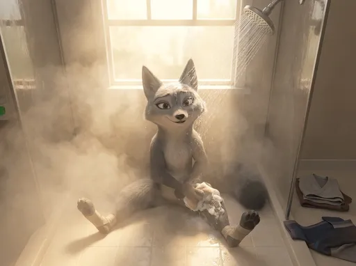 Prompt: kung fu panda style, Dream works Animation, high quality, Grey Corsac Fox, kung fu panda 4, Furry Anthro Zhen, Zhen is Sitting On The Shower Floor Against The Shower Wall Taking A Shower In Her Bathroom, The Shower Drenching Zhen's Head And Face, Zhen's Legs Spread Apart And She Is Washing Her Left Leg With A Soapy Wash Cloth, Sun Shining Through Her Window, Camera view from Directly In Front Of Zhen Looking Down At Zhen, No Pants, Zhen Has A Soft Smile, Her Outfit Clothes laying Next To The Shower, Her Feet Are Still Taped Up Too, Bathroom Is Steamy Too