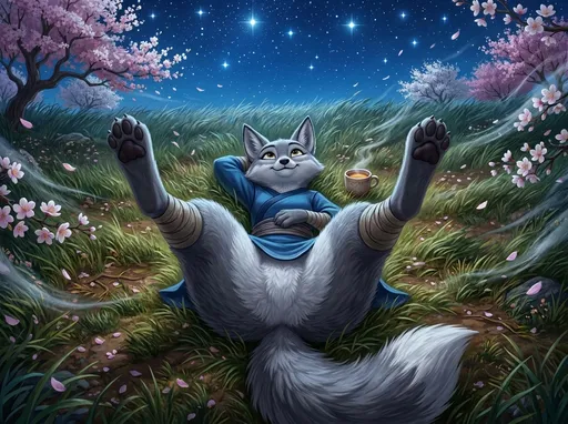 Prompt: kung fu panda style, Dream works Animation, high quality, kung fu panda 4, Illustration, Furry Anthro Zhen, Grey Corsac Fox, Zhen is Laying Back On The Grass Outside Under The Night Stars In An Open Field, Her Legs Spread Apart And Bent Upwards, Camera view from Directly Above Zhen, Ground View In In Between Her Legs, Her Legs Bent Upwards Too, Zhen has A Drink next to her, Zhen Has A Small, Warm Smile On Her Face and Looking Up At The Stars, No Pants , You Can See Zhen's Belly Too, the Wind is Very Windy Too, Flower Trees Are Blowing In The Wind Too!