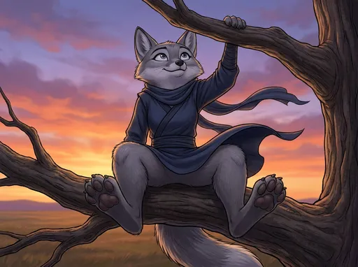 Prompt: kung fu panda style, Dream works Animation, high quality, kung fu panda 4, Illustration, Furry Anthro Zhen, Grey Corsac Fox, Zhen is Sitting On A Tree Branch Outside With Dawn On The Horizon In An Open Field, Camera view from Directly Below Zhen, Looking Up At Zhen, No Pants , the Wind is Very Windy Too! Zhen is Holding Onto The Big Tree Branch Above Her With One Of Her Forepaws and Zhen is Looking up At The Sky With A Soft Smile, Her Outfit Is Blowing In the Wind Too, You can see her Thighs too