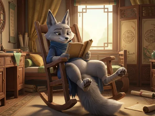 Prompt: kung fu panda style, Dream works Animation, high quality, kung fu panda 4, Furry Anthro Zhen, Grey Corsac Fox, Zhen is In Her Bedroom At The Jade Palace, Camera view from Directly In Front Of Zhen, Zhen Is Sitting Back on a Rocking Chair Reading A Book, Looking At Zhen, You Can See Zhen's Belly, Zhen's Feet Are Taped Still As Well, Her Legs Are Spread Apart