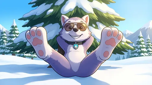 Prompt: paw patrol style, Everest Laying back against a tree,  her back legs spread apart, Camera view from In Front Of Everest, Everest Sunbathing, Everest has no vest on, Everest Wearing Sun glasses, Everest Lifting Her Hind Feet Up In The Air