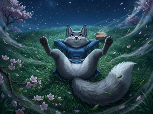 Prompt: kung fu panda style, Dream works Animation, high quality, kung fu panda 4, Illustration, Furry Anthro Zhen, Grey Corsac Fox, Zhen is Laying Back On The Grass Outside Under The Night Stars In An Open Field, Her Legs Spread Apart And Bent Upwards, Camera view from Directly Above Zhen, Ground View In In Between Her Legs, Her Legs Bent Upwards Too, Zhen has A Drink next to her, Zhen Has A Small, Warm Smile On Her Face and Looking Up At The Stars, No Pants , You Can See Zhen's Belly Too, the Wind is Very Windy Too, Flower Trees Are Blowing In The Wind Too!