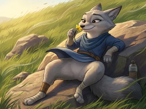 Prompt: kung fu panda style, Dream works Animation, high quality, kung fu panda 4, Illustration, Furry Anthro Zhen, Grey Corsac Fox, Zhen Is Sitting On A Rock On A Hill Surrounded By Grass , Zhen's Legs Are Spread Apart With Her Left Leg Lifted Up And Left Knee Bent Downward With Her Left Foot On The Ground, Zhen Is just enjoying herself, Zhen has a water bottle sitting next to her, And Zhen Is Holding A Flower With Her Right Forepaw Smelling The flower While Her Left Forepaw is Just Resting On Her Left Knee, Wind in very gusty as the wind is blowing Zhen's Outfit Up in the Air A Little, Directly In Front Of Zhen, Up Close View, Zhen Has No Pants On, It's A Sunny Afternoon, Zhen Has A Soft Warm Smile On Her Face, Both Feet And Forepaws Are Still Wrapped Up, You Can See A Zhen's Underbelly Too,