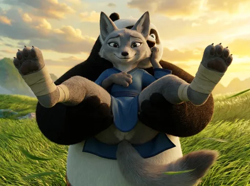 Prompt: kung fu panda style, Dream works Animation, high quality, kung fu panda 4, 3D Render, Furry Anthro Zhen, Grey Corsac Fox, Po Is Carrying Zhen in His Arms With One Arm Supporting Zhen's Legs While The Other Arm Is Supporting Her Head, Po Is Walking Back Through The Valley, Zhen Has An Shy Smile On Her Face, Zhen's Legs Are Spread Out, Camera view from Directly In Front Of Zhen's Legs, From underneath Zhen, Up Close View, Zhen Has Her Forepaws Resting On Her Chest, It Is A Morning Sunrise Sky, Zhen Has No Pants, Zhen's Feet And Forepaws Are Still Taped, It Is Windy And the Wind Is Blowing Around Zhen's outfit Back 