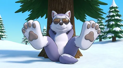 Prompt: paw patrol style, Everest Laying back against a tree,  her back legs spread apart, Camera view from In Front Of Everest, Everest Sunbathing, Everest has no vest on, Everest Wearing Sun glasses, Everest Lifting Her Hind Feet Up In The Air