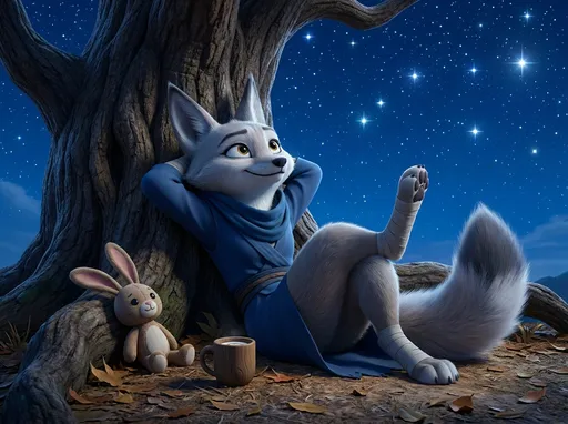 Prompt: kung fu panda style, Dream works Animation, high quality, kung fu panda 4, Furry Anthro Zhen, Corsac Fox, Zhen is Sitting Back On Her Hind Quarters Against A Tree Outside Under The Night Stars, Her Back Legs Spread Apart And Bent Upwards, Camera view from Directly In Front Of Zhen, She Has Her Stuffed Animal Next To Her Too, One Of Her Hind Legs Is Lifted Upwards, She Has Her Forepaws Resting Behind Her Head, Zhen  Is Looking Up At The Stars and has A Drink next to her, Zhen Has A Small, Warm Smile On Her Face, No Pants